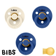 BIBS Colour Sutter med navn str1, 2 Cornflower, 1 Ivory, Runde latex, Pakke med 3 sutter